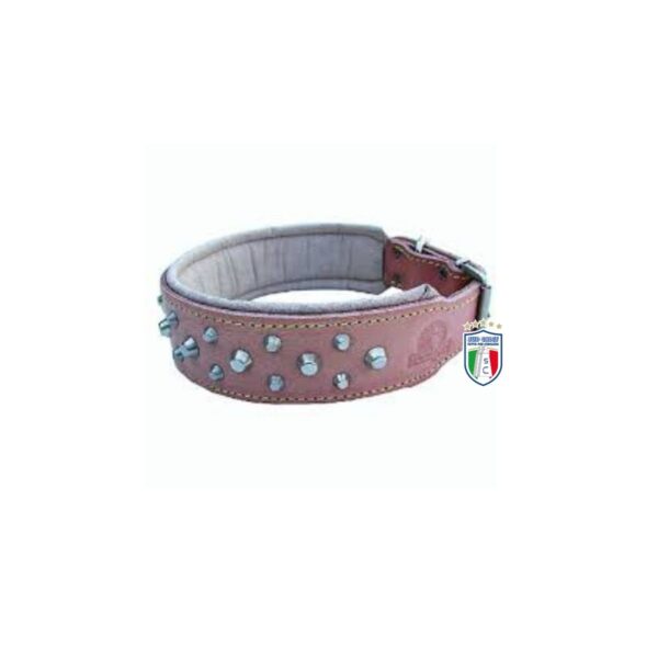 Collare per cane in cuoio rosa imbottito con borchie